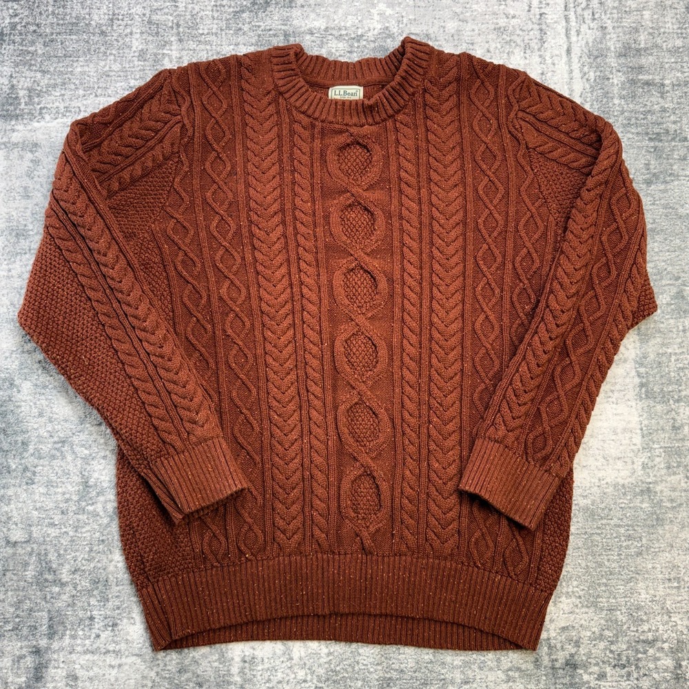 LL Bean Sweater Mens 2XLT (Fits L) Burt Mahogany Soft Cotton Fisherman Flecked